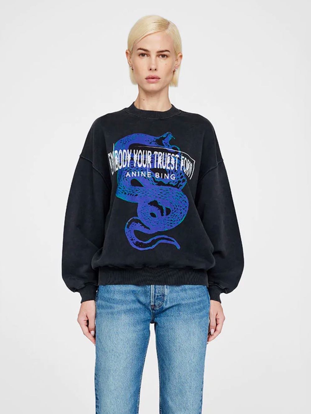 Anine Bing Jaci Viper Sweatshirt Washed Black Snake Graphic Oversized Crewneck L